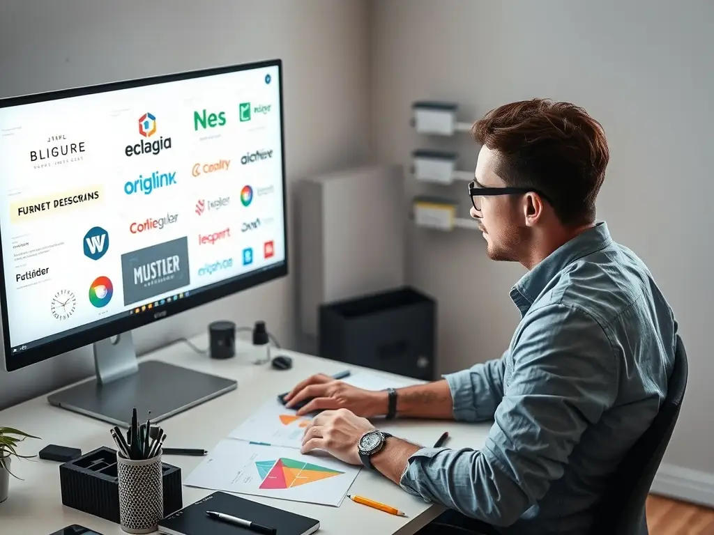 A sleek and professional image featuring a designer working on branding mockups, with various logos, color palettes, and typography examples displayed on a large monitor, representing the design and branding services offered by A Squared Media.